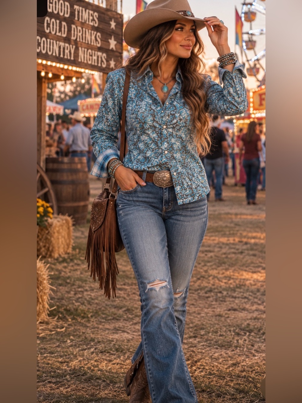 Women's Blue Floral Button-Down Shirt - Western-Inspired Casual Top